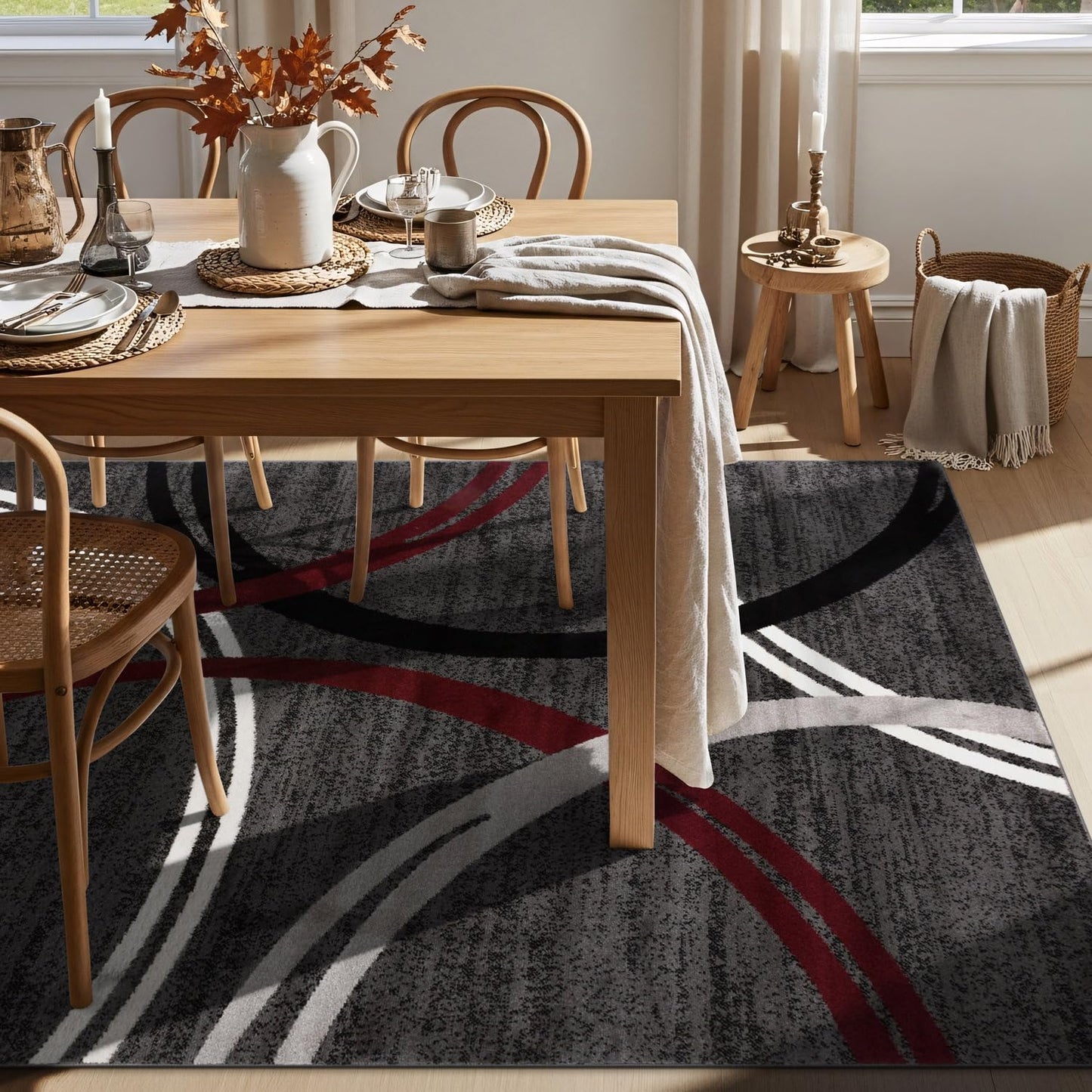 Rugshop Modern Wavy Circles Design Non-Shedding Area Rug, Carpet for Living Room or Dining Room, Red, 6'6" x 9'