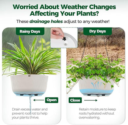 T4U 10 Inch Hanging Planters for Indoor Outdoor Plants, 2 Pack White Self Watering Hanging Plant Pot, Hanging Pots Set with Drainage Hole & Plug & Chain with 3 Hooks for Garden Home Decor
