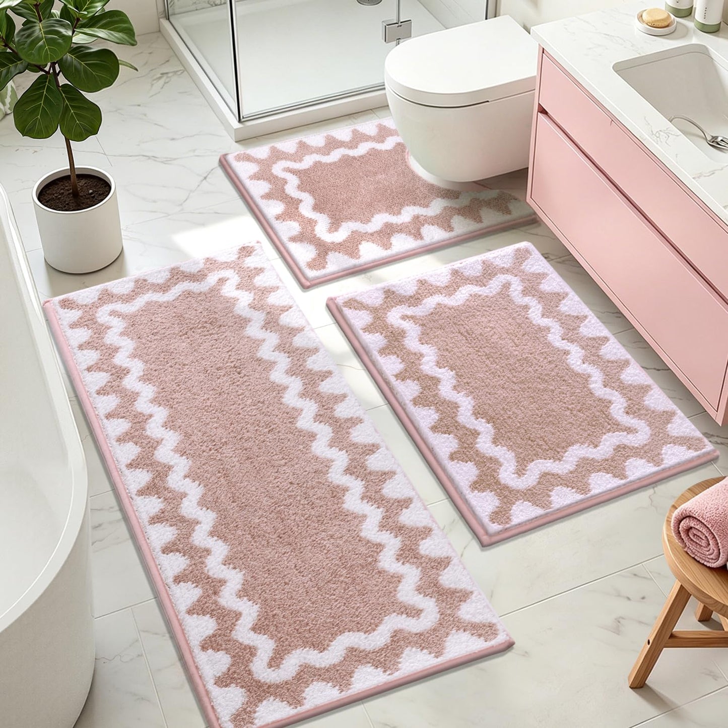 Findosom Scalloped Bathroom Rugs Sets 3 Piece, Absorbent Soft Non-Slip Washable Microfiber Shaggy Bath Mat Set with Bathroom Runner Rug, U-Shaped Toilet Rugs, Shower Rug, Pink-White