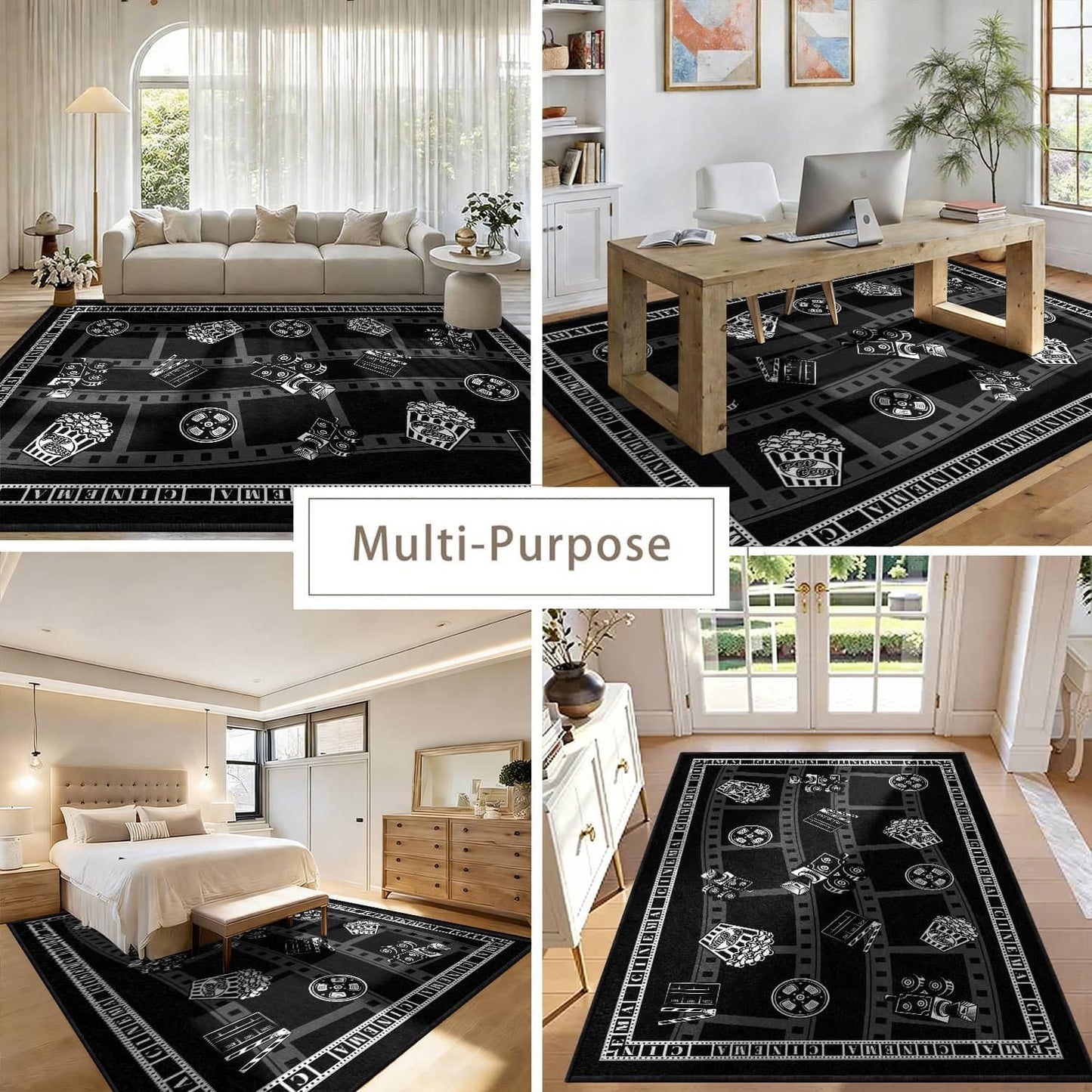 LGGLOVELIN Movie Night Theme Area Rug, 9x12ft, Black White Clapboard Projector Soft Washable Non-Slip Carpet for Home Theater Living Room