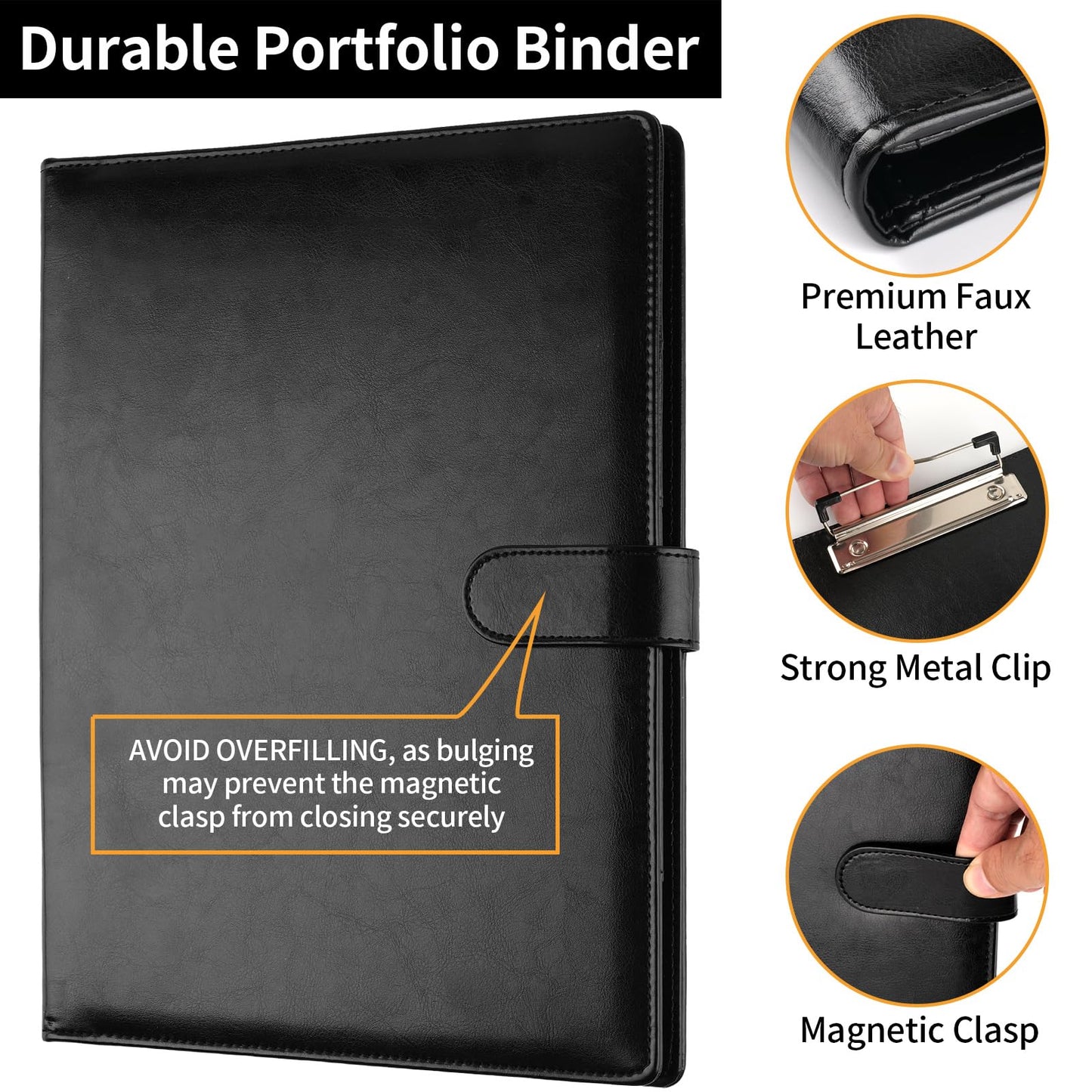 Professional Padfolio with Clipboard, Faux Leather Portfolio Folder Binder, Legal Pad Holder for A4 Letter Size Notepad, Resume, Writing Pad, Ideal Organizer for Business Office Conference, Black