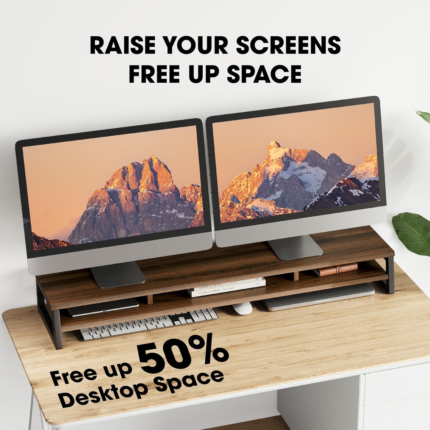 Fenge Dual Monitor Stand for Desk, 42.5in Large Monitor Riser for 2 Monitors, 2 Tier Computer Office Desk Top Shelf, Desktop Storage Stand for Laptop, PC, Computer, Printer