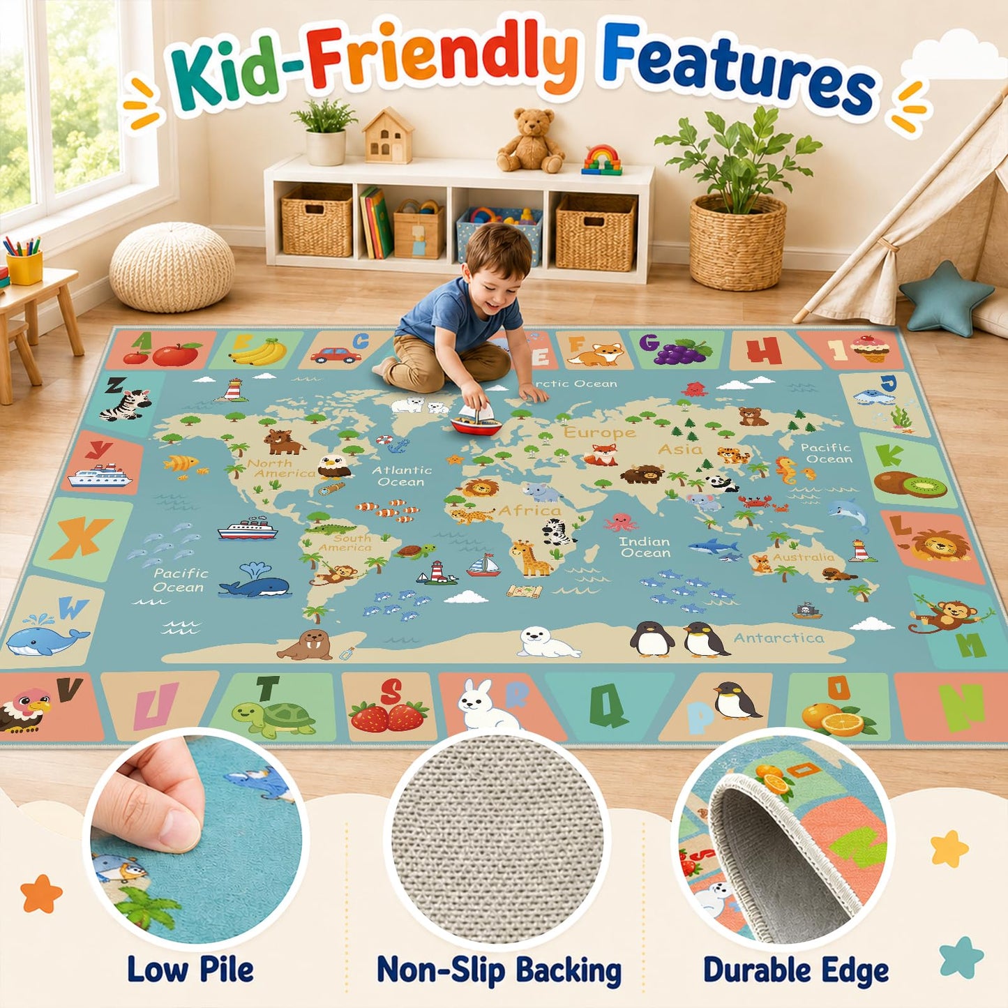 Cryvera ABC Alphabet World Map 5x7 Rug for Classroom Preschool Playroom Kids Learning Play Mat for Toddlers Daycare Educational Nursery Machine Washable Non-Slip Area Rug