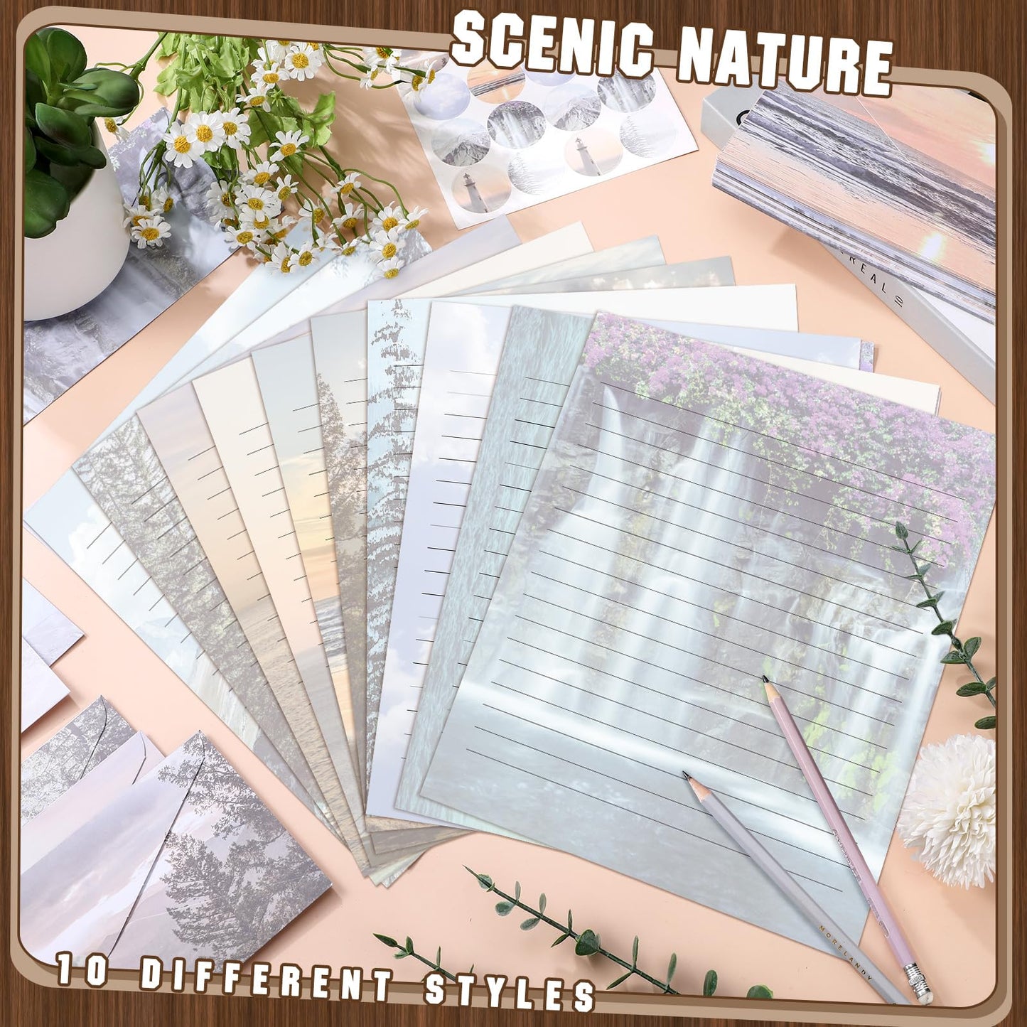 TaoBary 160 Pcs Stationery Paper Set 50 Double Sided Stationery Papers with 50 Matching Envelopes and 60 Round Dot Sticker, 10 Design(Natural Scenery,8.5 x 11 Inch)