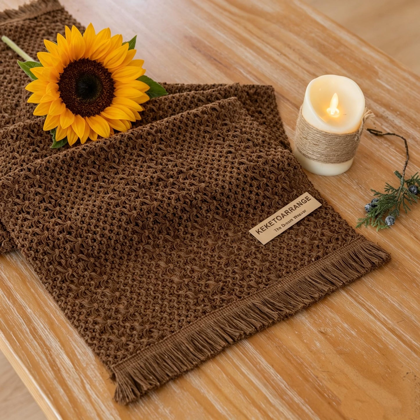 Keketoarrange Boho Brown Table Runner for Home Decor 13x72 Inches Farmhouse Small Macrame Woven Burlap Jute Rustic Coffee Table Runner Dresser Scarf Dining Kitchen Centerpiece Bohemian Decor