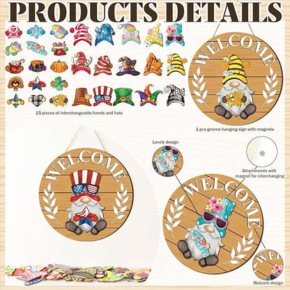 Qunclay Interchangeable Wooden Gnome Decor Holiday Seasonal Gnome Decorations with Magnet Pieces and Detachable Hats Changeable Welcome Sign for Home(Fresh Style)