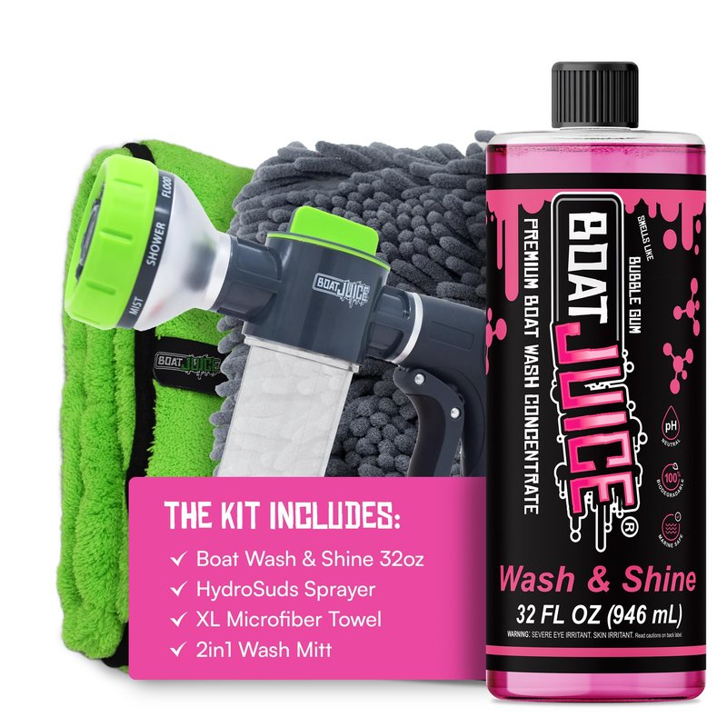 Boat Juice Boat Wash Kit | pH Neutral Soap Boat Cleaner | HydroSuds Sprayer, 2in1 Wash Mitt, XL Microfiber Towel | Bubble Gum Scent | Marine Detailing & Cleaning | Made in USA (32oz)