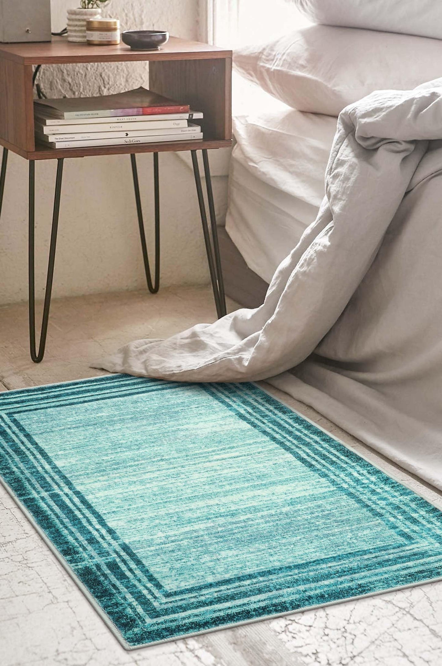 Lahome Amabel Modern Abstract Area Rug, Washable Teal 2x3 Entryway Rugs Non Slip Kitchen Carpet Indoor Front Door Throw Rugs, Minimalist Bordered Bathroom Rug Low-Pile Entry Mats for Bedroom