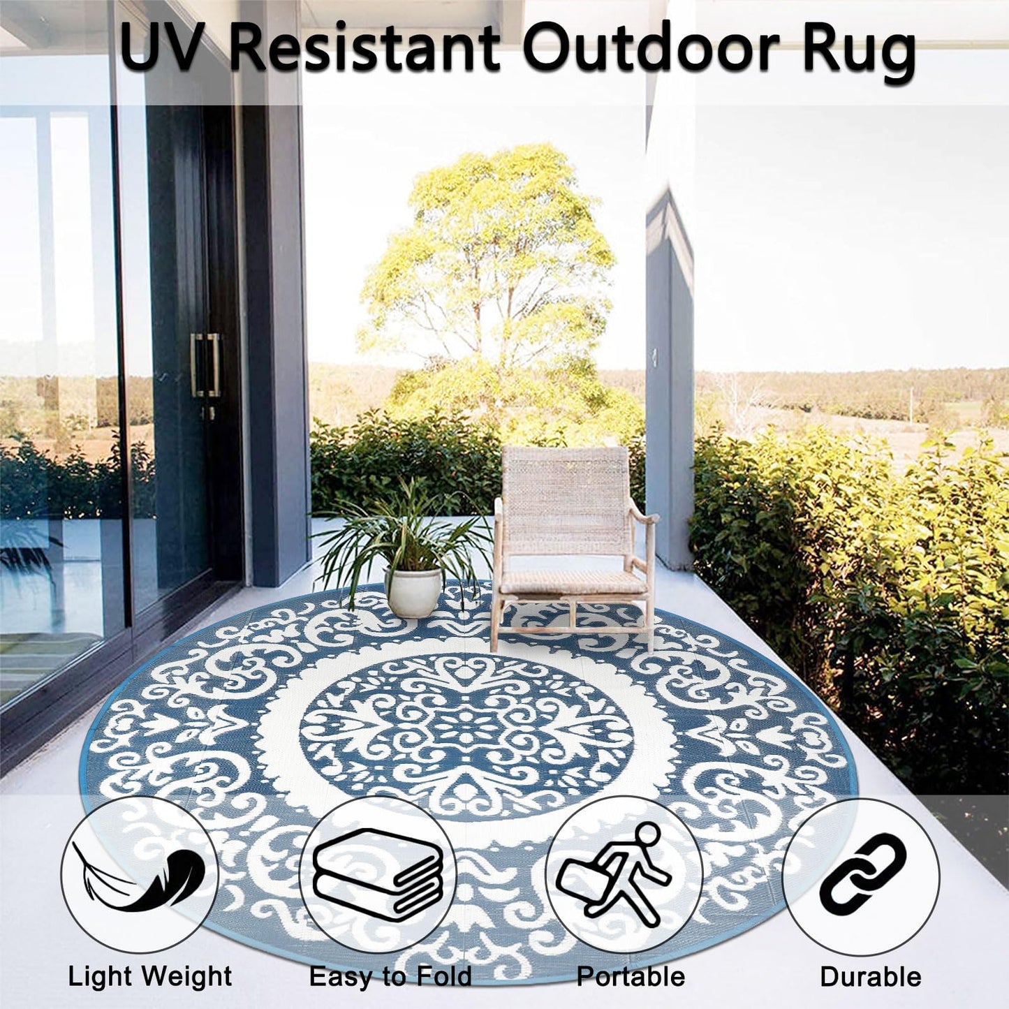 Homcomoda Round Outdoor Rugs 8ft Blue Patio Rugs Clearance Reversible Plastic Straw Rugs Waterproof Lightweight Outdoor Rugs Portable RV Camping Mat for Outdoor Porch Deck BBQ Backyard