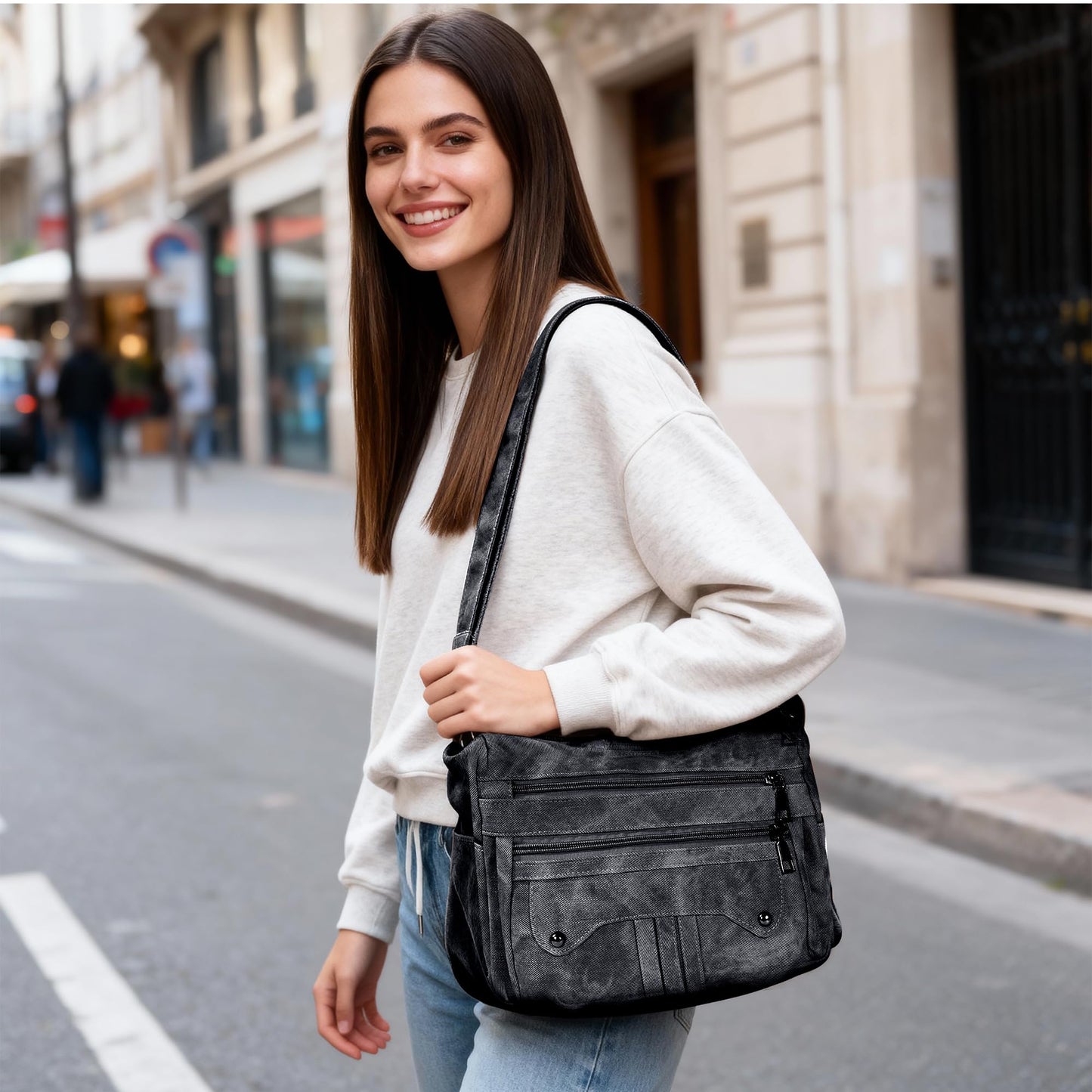 ELDA Crossbody Purses for Women PU Leather Denim Shoulder Handbags Waterproof Travel Bag Ladies Lightweight Medium Pocketbook (Black)