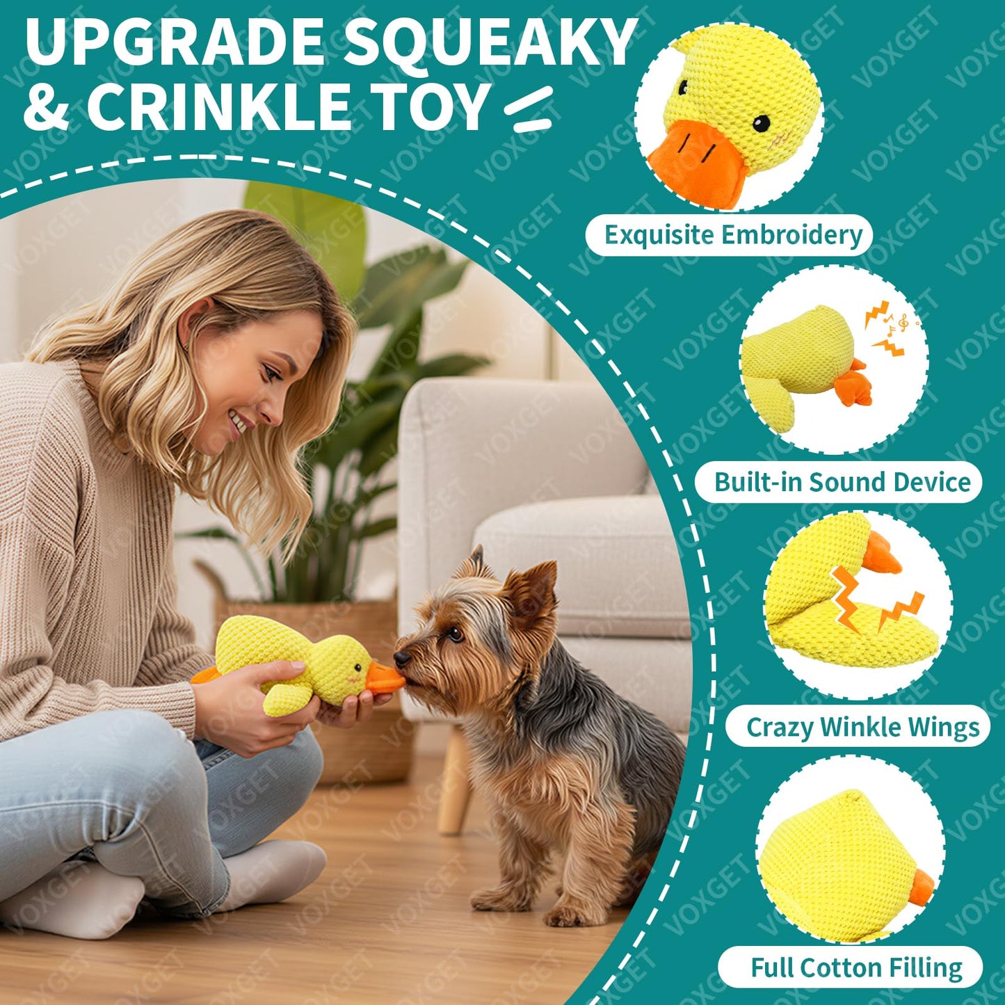 VOXGET Calming Duck Toy for Dogs, 2026 New Interactive Crinkle Toy with Quack Sound for Dogs Teeth, Soft Stuffed Plush Mellow Calming Duck Pillow for Puppy Keep Busy -Yellow, 9"x6"(S)