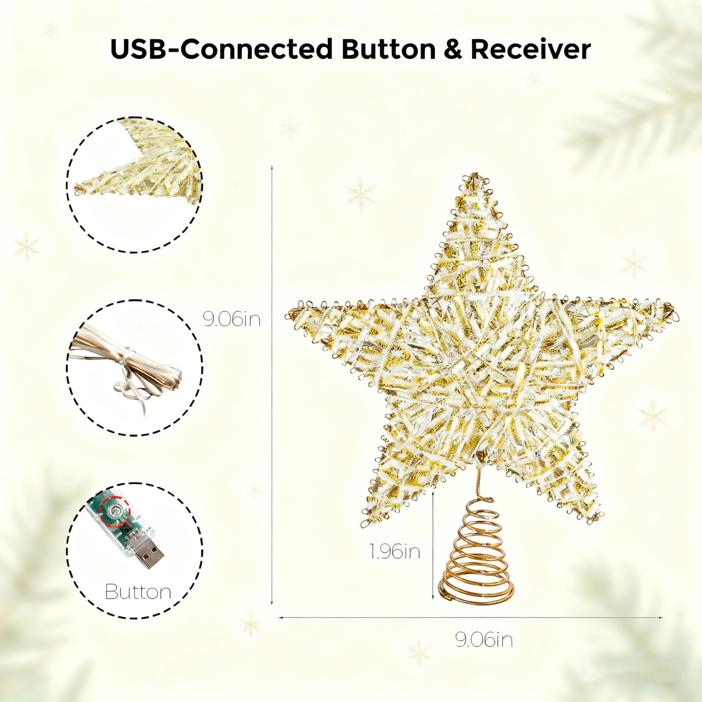 Smart Christmas Tree Topper, 9" RGB Star Tree Topper, Timer, App Control, USB Powered, Music Sync, Gold Tree Topper for Indoor Party Holiday Decor