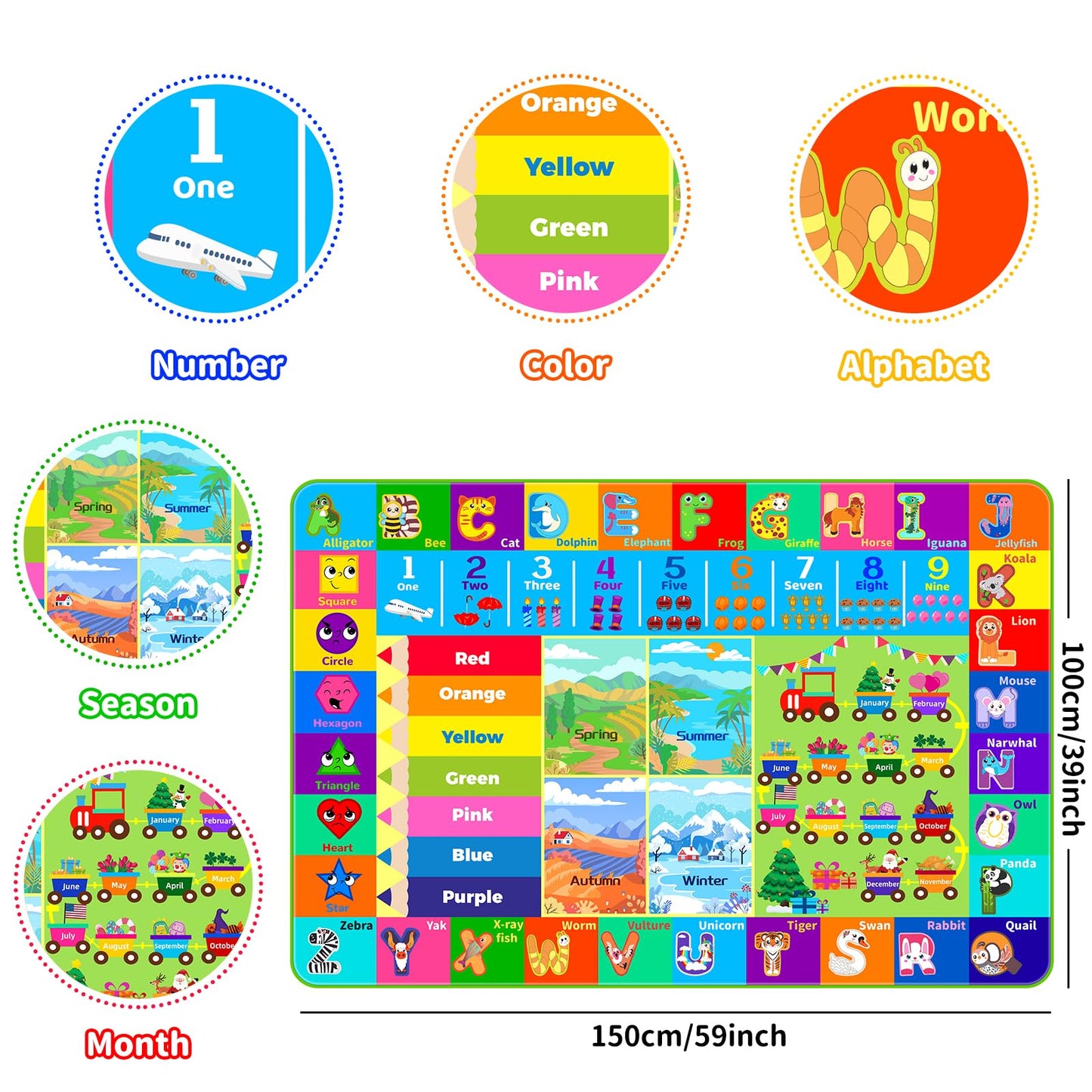 Mfmiudole Kids Rug for Playroom, Soft & Non-Slip Educational Rug with ABC, Animals, Numbers, Floor Play Mat for Kid, Preschool Classroom Rugs Playmat for Nursery Kids (59X39.4 inch, Season&Month)