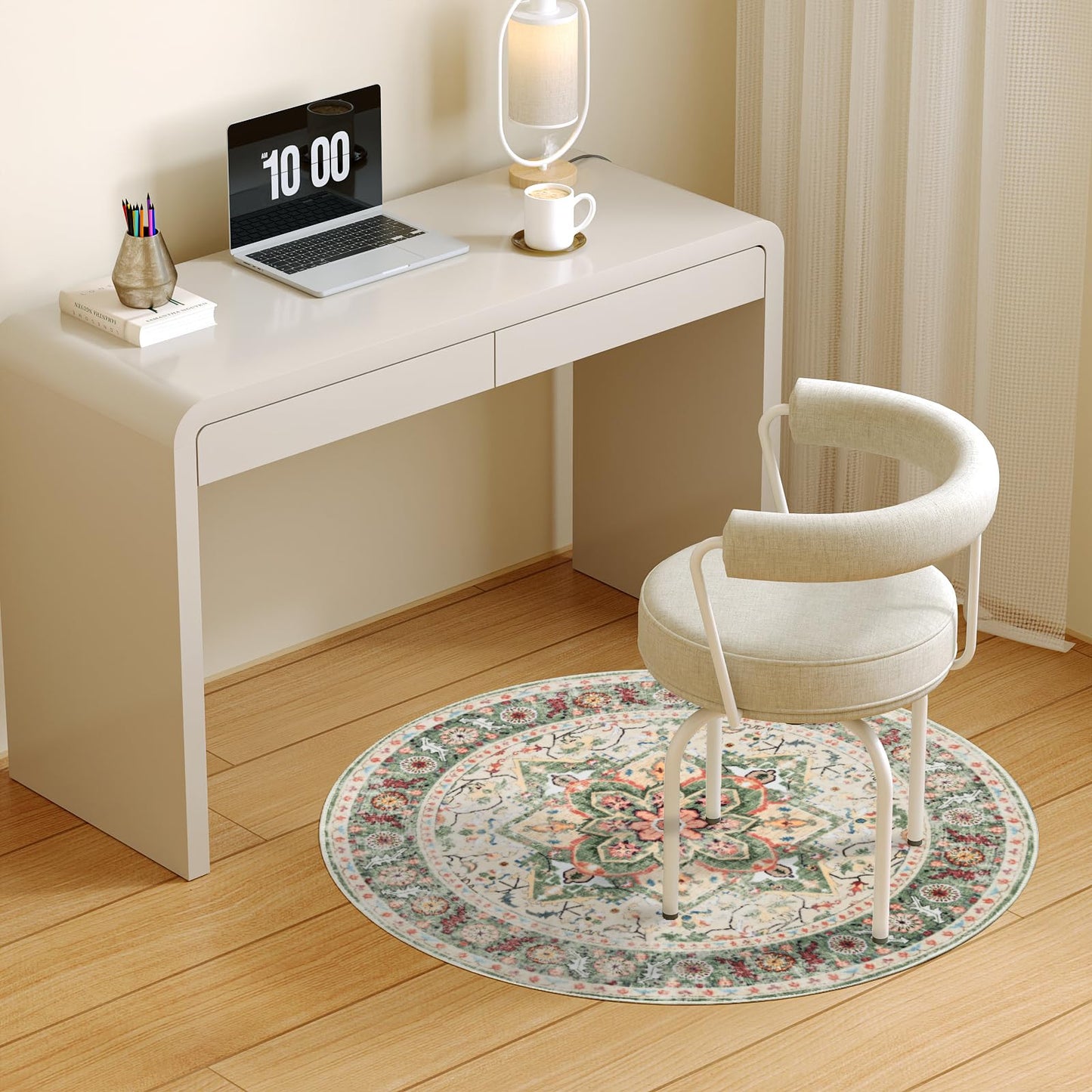 Round Rug for Living Room, 3Ft Round Washable Rug, Boho Small Circle Kitchen Area Rugs, Non Slip Low Pile Circular Rugs, Soft Round Carpet for Bedroom, Office, Kitchen Entryway, Bathroom (CreamGreen)