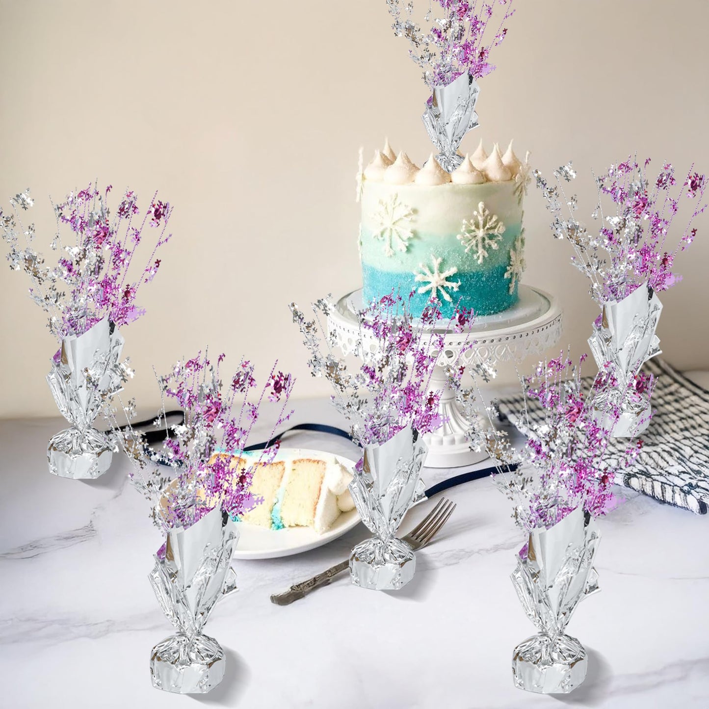 Gyufise 6 Pack Metallic Foil Spray Centerpiece Snowflake Table Decoration Burst Table Centerpieces Table Decor for Winter Wonderland Birthday Wedding Anniversary Holiday Party Supplies Pink Silver