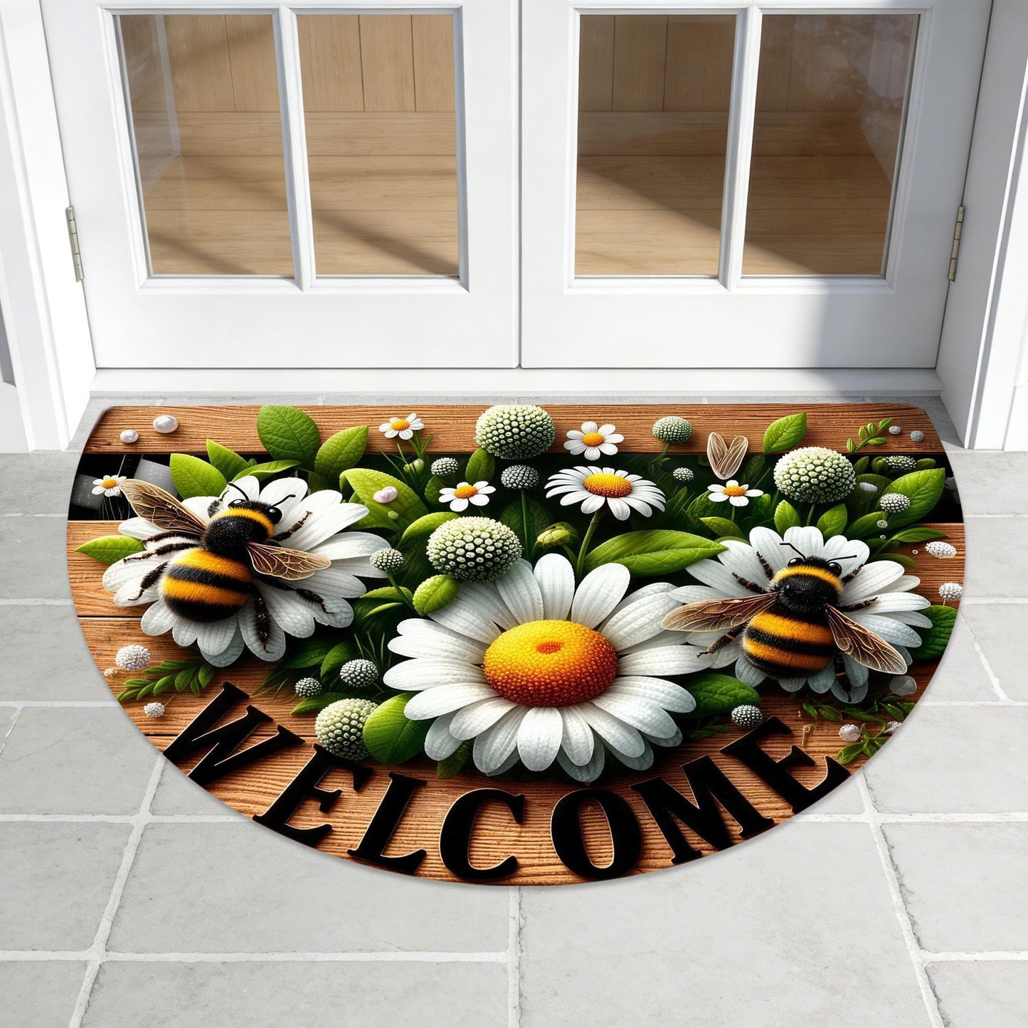 WOYUO Half Circle Door Mat 20"x31.5" Non-Slip Washable Welcome Mat, Low Profile Front Door Mat Semicircular Entrance Doormat, Dirt Trapper Floor Mat (Bees and Flowers, 24"x 36" Large Half Round)