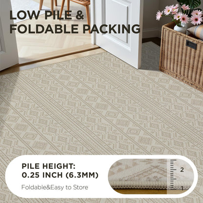 Joydeco 5×7 Area Rugs for Living Room, Non-Slip Boho Moroccan Soft Washable Rug, Low Pile Carpet for Bedroom, Dining Room, Home Office, Pet & Child Friendly, Cream&Dark Brown