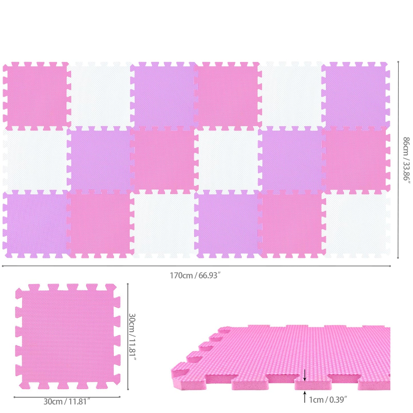 qqpp EVA Rubber 18 Tiles Interlocking Puzzle Foam Floor Mats - Baby Play Mat for Playing | Exercise Mat for Home Workout. White, Pink, Purple. QC-ACKb18N