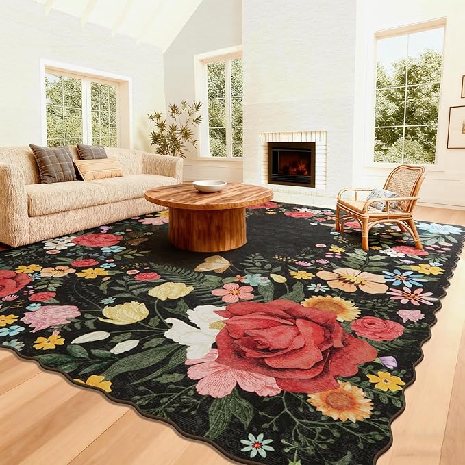 Washable Rugs for Living Room: 8x10 Area Rugs for Bedroom Soft Ultra Thin Stain Resistant Non Slip Low Pile Lightweight Vintage Floral Carpet for Dining Room Decor (Black)