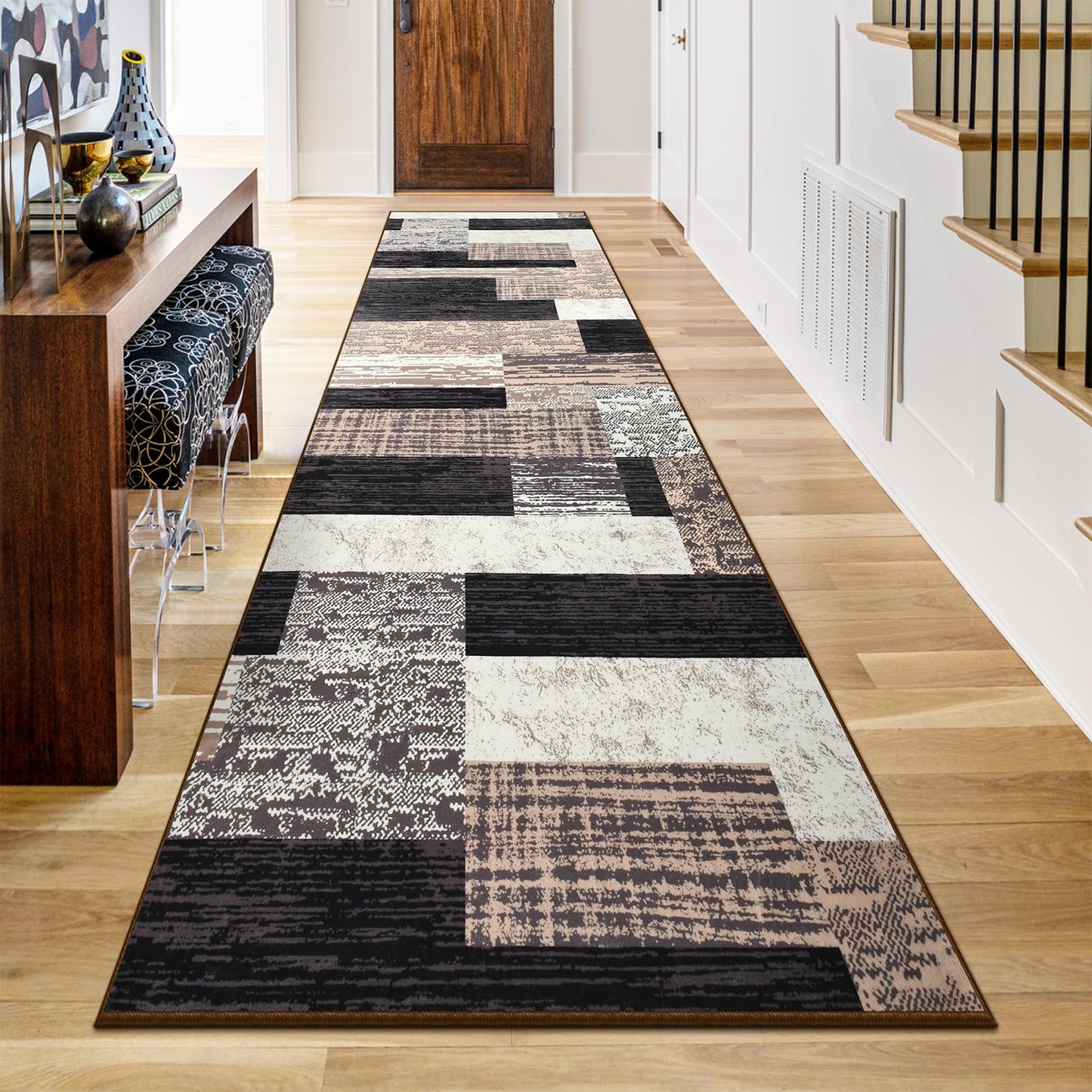 Indoor Runner Rug, Washable Runner Rug with Rubber Backing, Modern Geometric Patchwork Aesthetic Carpet for Bedroom, Living Room, Hallway, Entryway, Washable Rugs Rockwood Collection,2.7x8Ft Chocolate