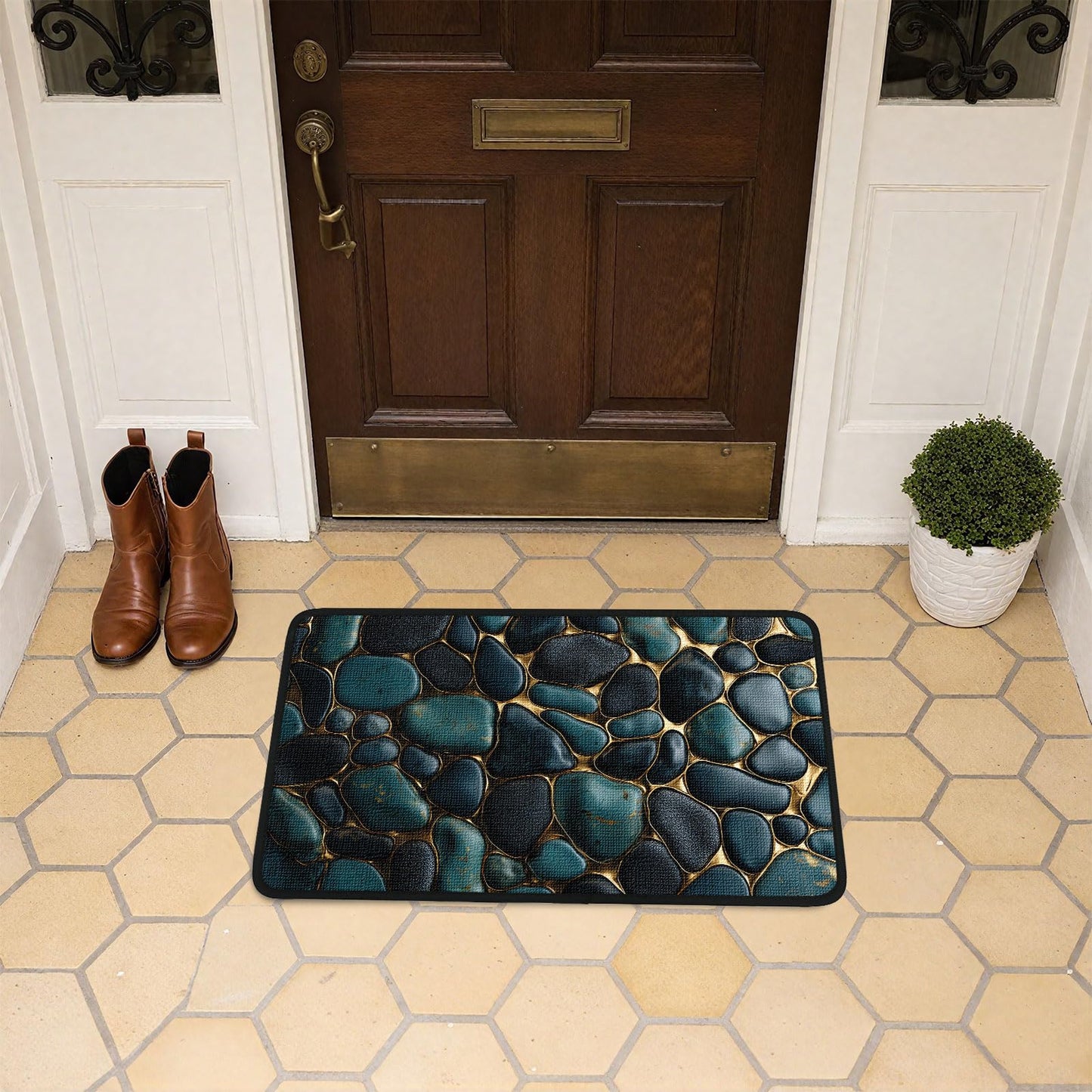 Worltoldb Cobblestone Door Mat Indoor Outdoor Entrance Floor Mats Non-Slip Washable Decor Rugs 27x15 Inch