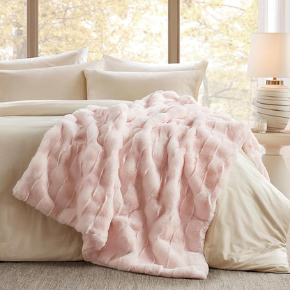 Madison Park Luxuriously Cozy Soft Long Faux Fur Basketweave Blanket, Reversible Soft & Snuggly Velvet Throw, Lightweight, Breathable, All Season, Trendy Room Décor, 50x60, Pink