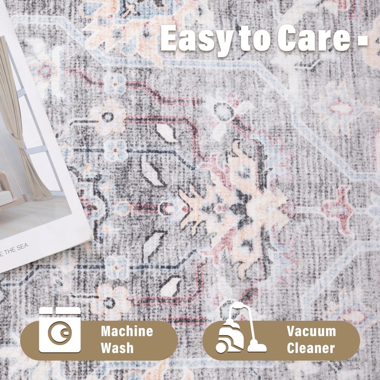 Carvapet 5x7 Area Rug - Gray Pink Vintage Floral Traditional Rectangular Carpet Low Pile, Non Slip Rubber Backing Machine Washable Rugs for Living Room Bedroom