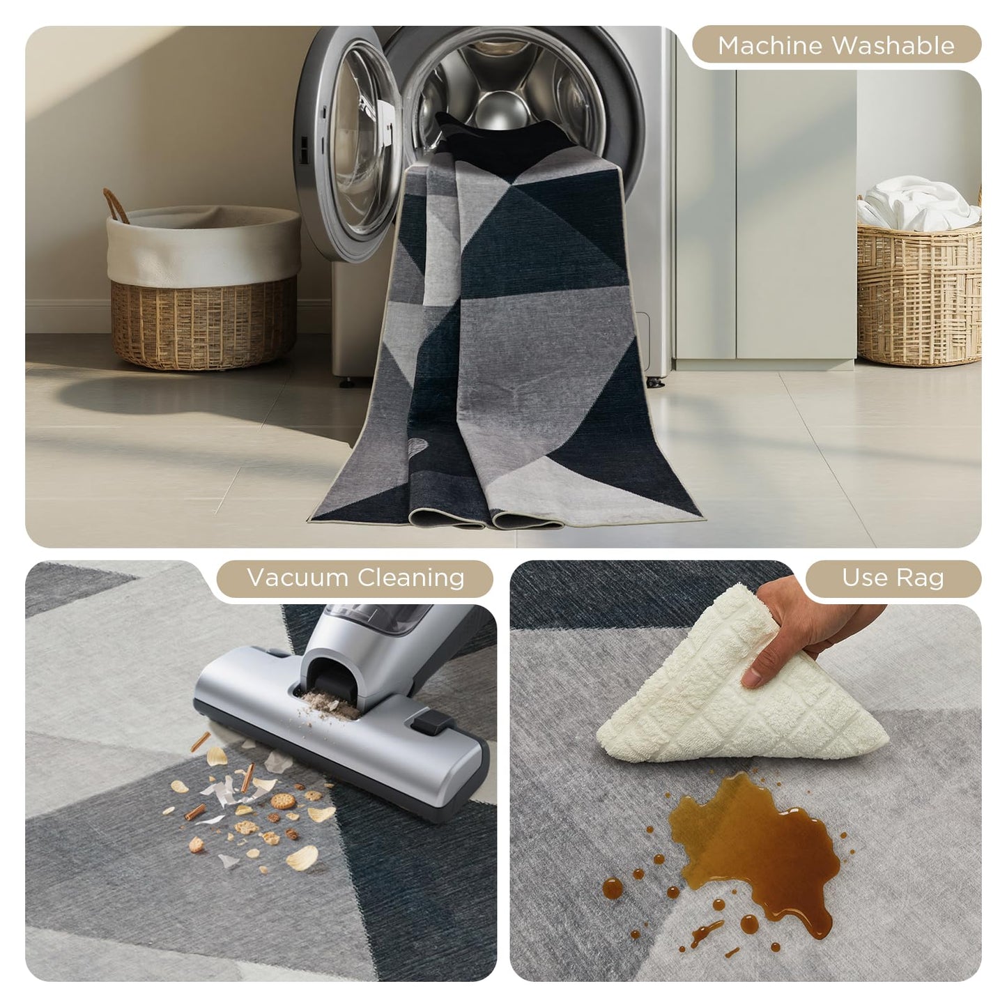 Joydeco 6x9 Washable Modern Rug for Living Room, Non-Slip Geometric Area Rug Low Pile Soft Carpet for Bedroom, Dining Room, Home Office, Pet & Child Friendly, White&Gray&Dark Gray