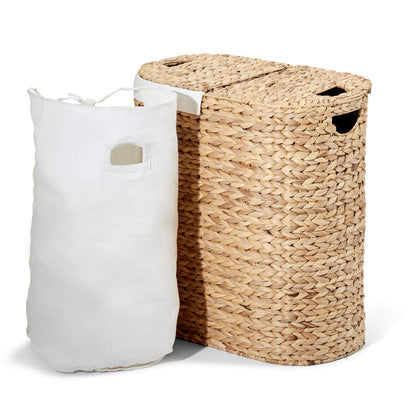 Seville Classics Premium Natural Handwoven Portable Laundry Bin Basket with Carrying Handles, Household Storage for Clothes, Linens, Sheets, Toys, Water Hyacinth, Oval Hamper