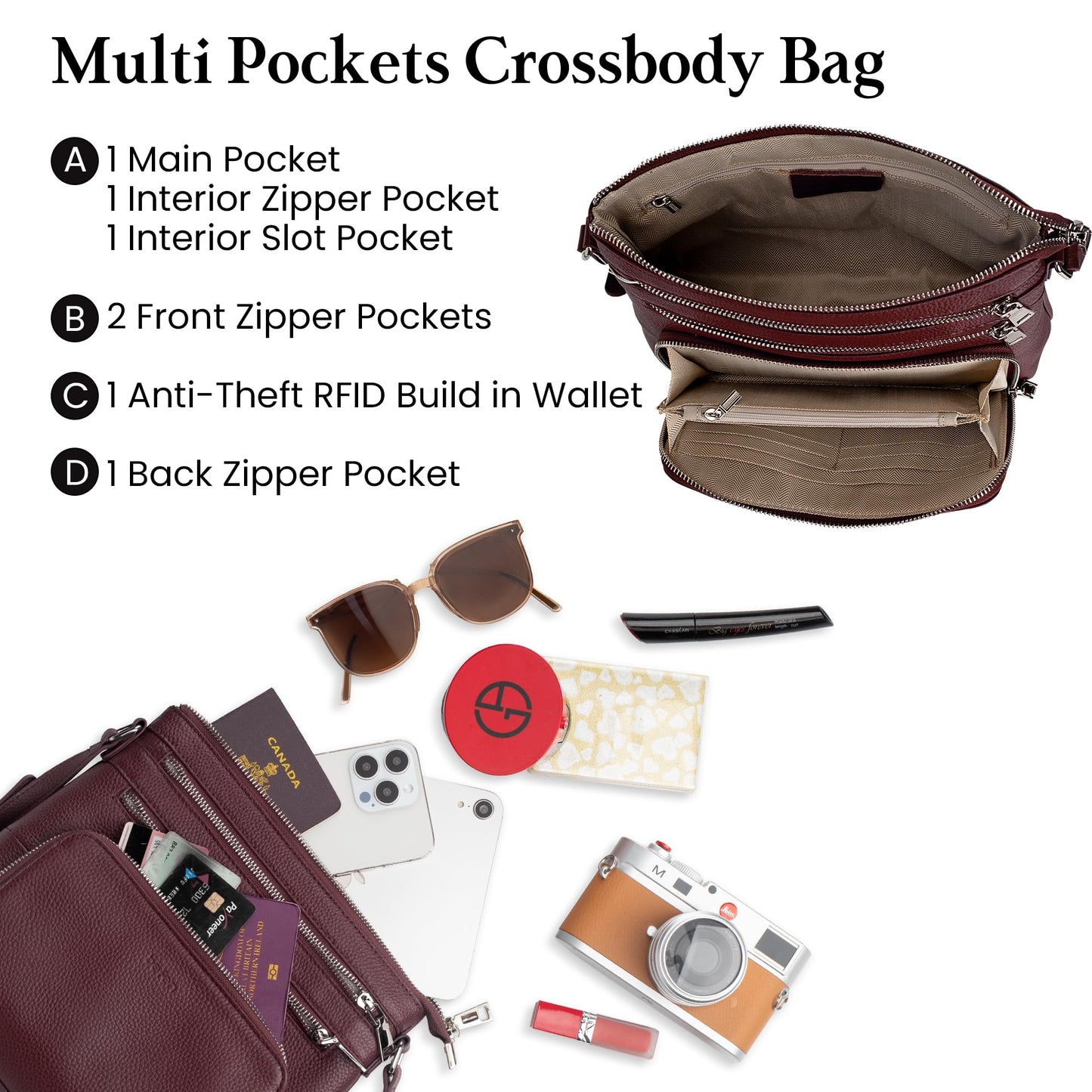 befen Genuine Leather Crossbody Purses for Women, Ladies Anti-Theft Medium Crossbody Shoulder Bags with Built in RFID Blocking Wallet Burgundy Red