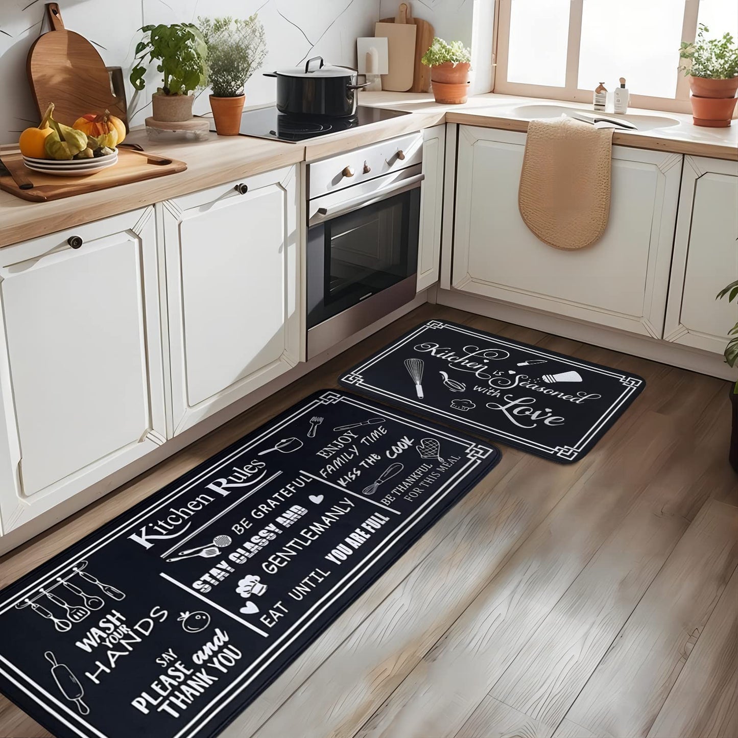 Voanos Black and White Kitchen Rugs,Non Skid Washable Microfiber mats for Kitchen Floor,Kitchen Rules Theme Cushioned Runner Rug Decor Sets of 2,Size 17"x 47"+17"x 30"