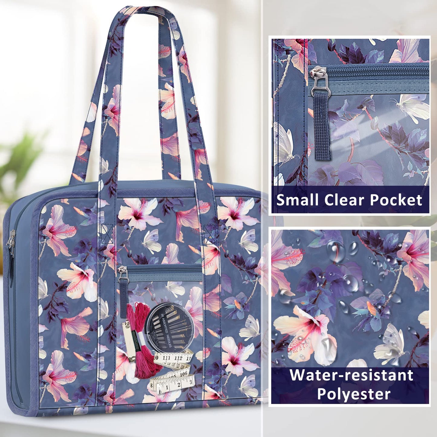 FINPAC Sewing and Craft Supplies Storage Tote, Large Capacity Travel Packing Organizer Bag with Clear Pockets and Handle for Knitting, Crochet, Art, Sewing Accessories (Blooming Hibiscus)