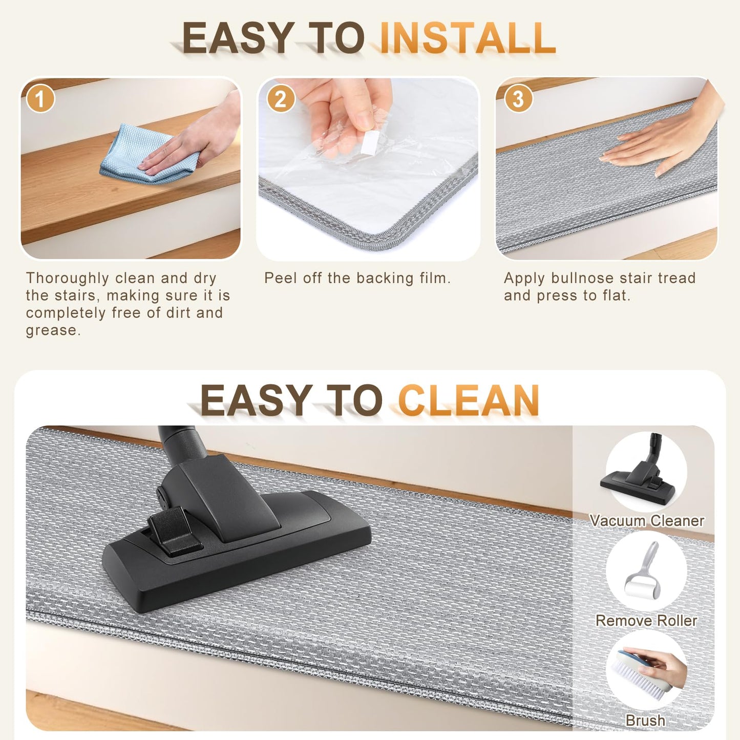 SMILOOL Bullnose Carpet Stair Treads Non Slip for Wooden Steps Indoor, 9.5" x 35" 2 Pieces, Extra Wide Bull Nose Carpet Runners for Wood Stairs, Step Covers, Stair Tread Rugs, Washable, Light Grey
