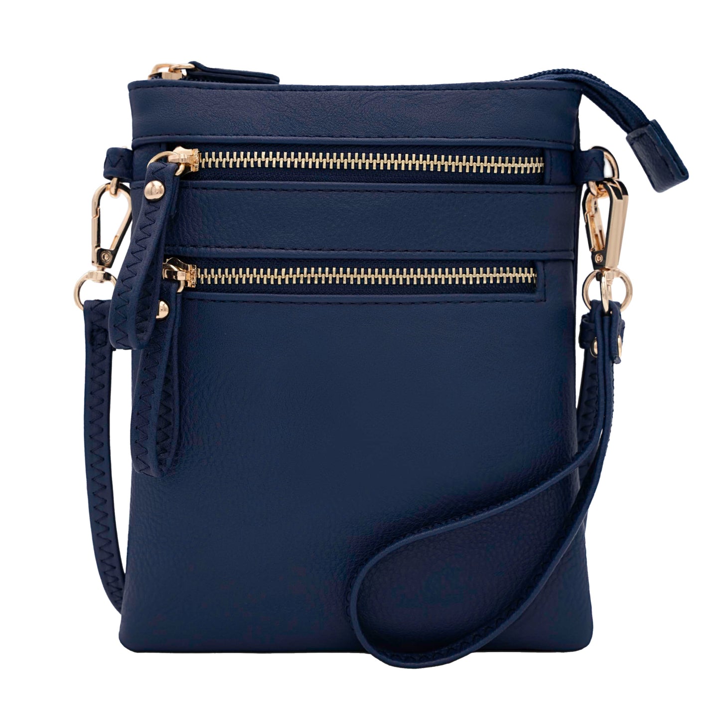 Solene Women's Faux Leather Organizer Multi Zipper Pockets Handbag With Detachable Wristlet Crossbody Bag-WU002(Navy)