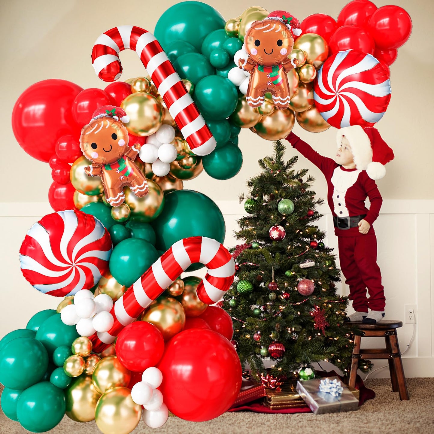 Christmas Balloon Garland kit with Gingerbread Man Foil Balloons, 111 Pieces Red Dark Green Metallic Gold Xmas Balloon Arch with Red White Candy Cane Balloons for Indoor Christmas Party Decorations