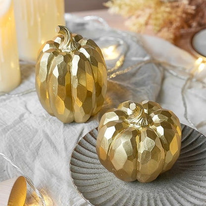 Pumpkin Decor Fall Decoration, Gold Pumpkins for Decorating, 2Pcs Resin Artificial Pumpkin Figurine Mantel Decor, Thanksgiving Autumn Harvest,Wedding