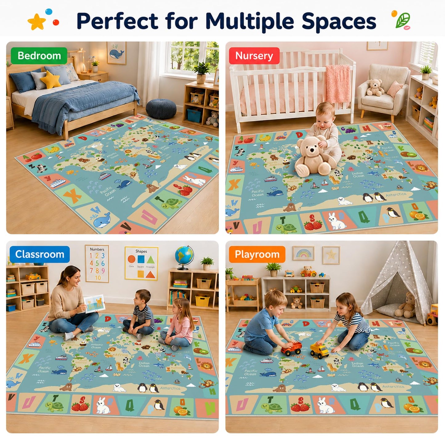Cryvera ABC Alphabet World Map 5x7 Rug for Classroom Preschool Playroom Kids Learning Play Mat for Toddlers Daycare Educational Nursery Machine Washable Non-Slip Area Rug