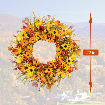 JINGHONG Fall Wreaths for Front Door 22 Inch Artificial Fall Wreath Floral Autumn Wreath with Colorful Daisies Orange Foliage for Indoor Outside Door Harvest Festival Thanksgiving Day Celebration
