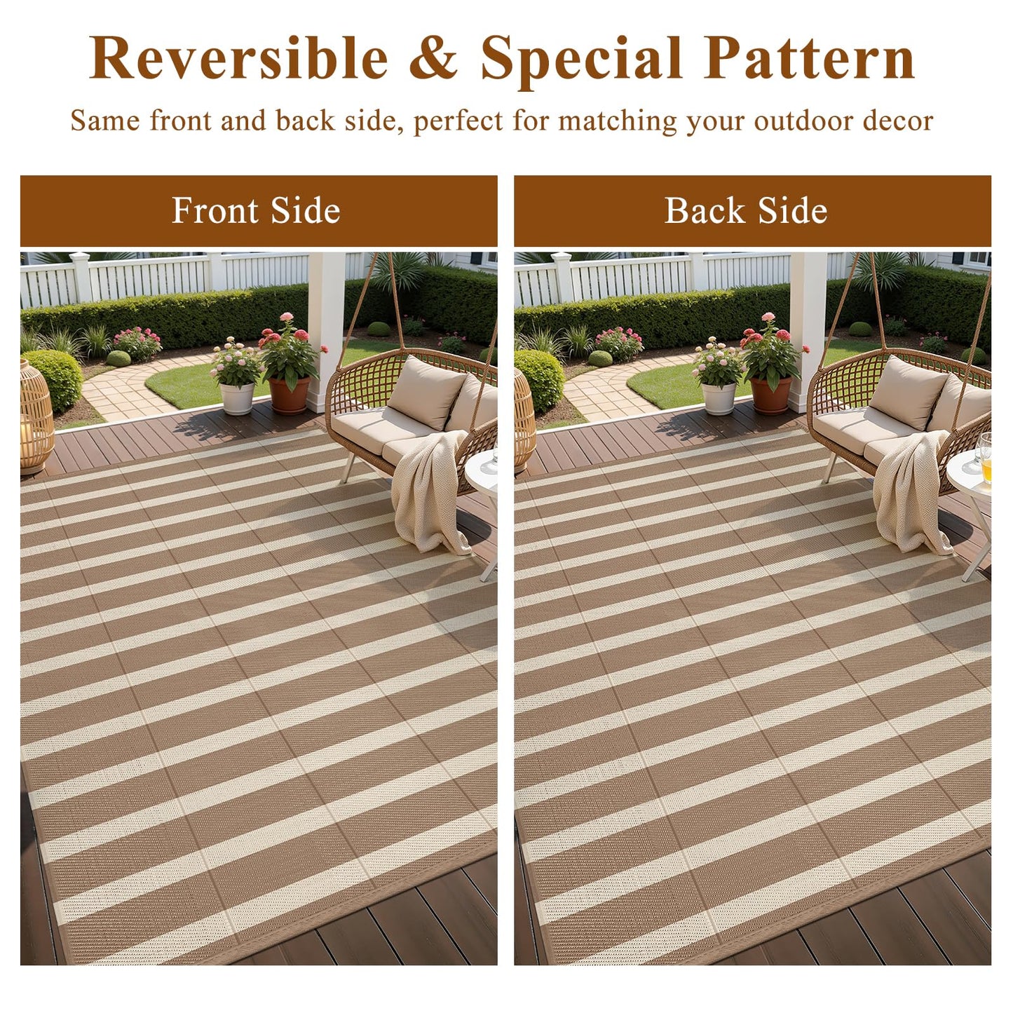 Vaukki Waterproof Outdoor Rug 5x8, Reversible Striped Patio Rug, Lightweight Plastic Straw Camping Mat, Indoor Outdoor RV Carpet for Outsides, Patio, Camping, Balcony, RV and Deck, Brown and Beige