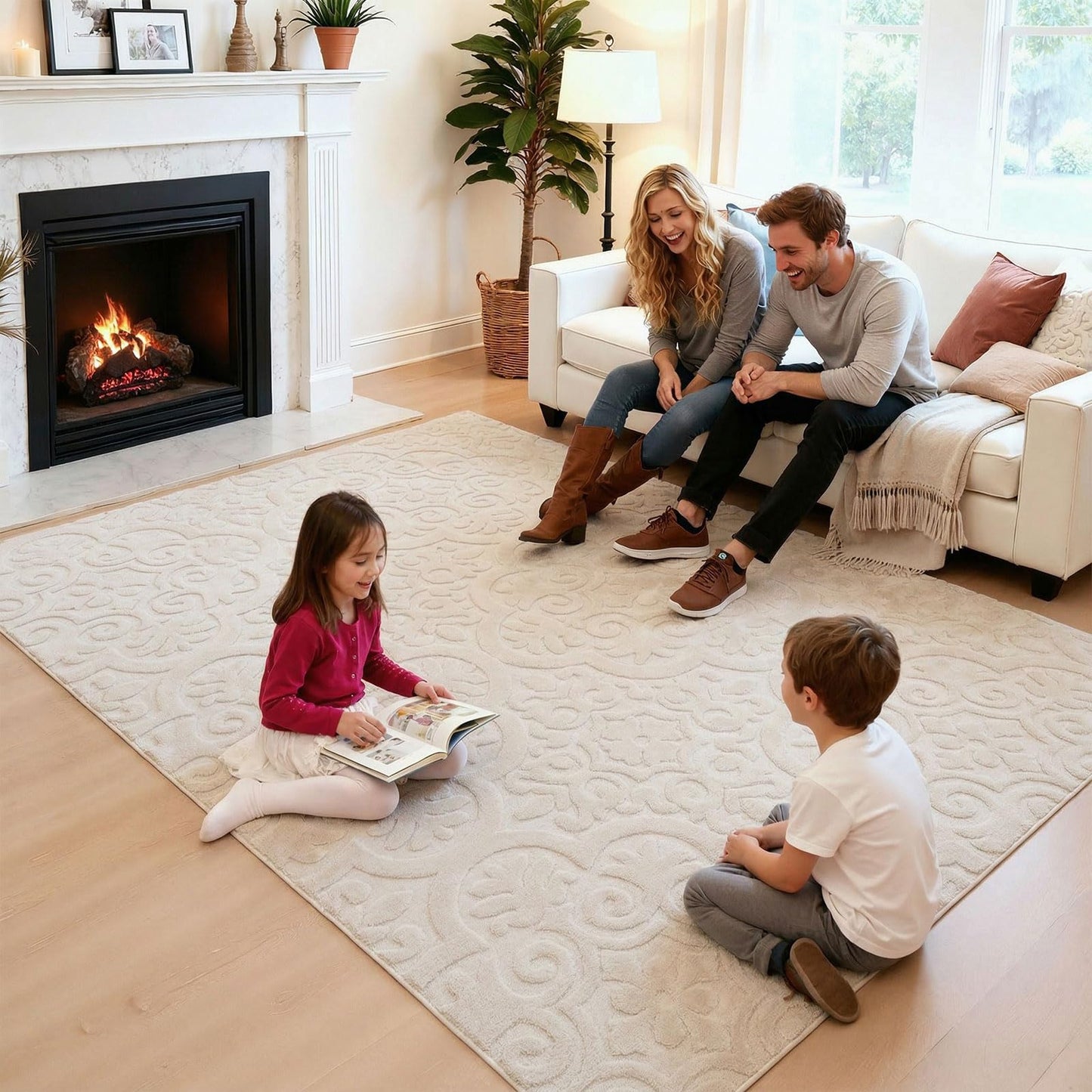 U'Artlines 6x9ft Washable Area Rug for Living Room, Neutral Beige Modern High-Low Pile Rug for Bedroom, Non Slip Soft Cozy Fluffy Large Floor Carpet for Dining Area, Kids Nursery Room