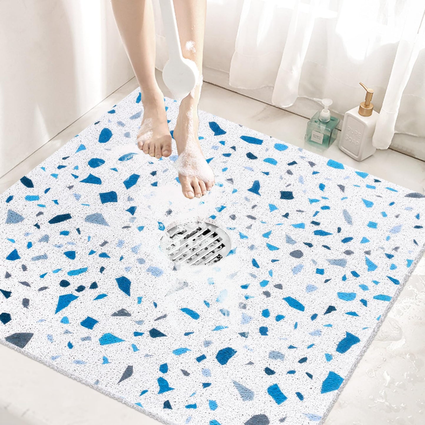 Non Slip Shower Mat with Drain Holes in Middle: 27×27Inch Super Soft Loofah Shower Mats for Inside Shower, Shower Stall Mats Floor Mats for Home,Hotel,Spa,Gym