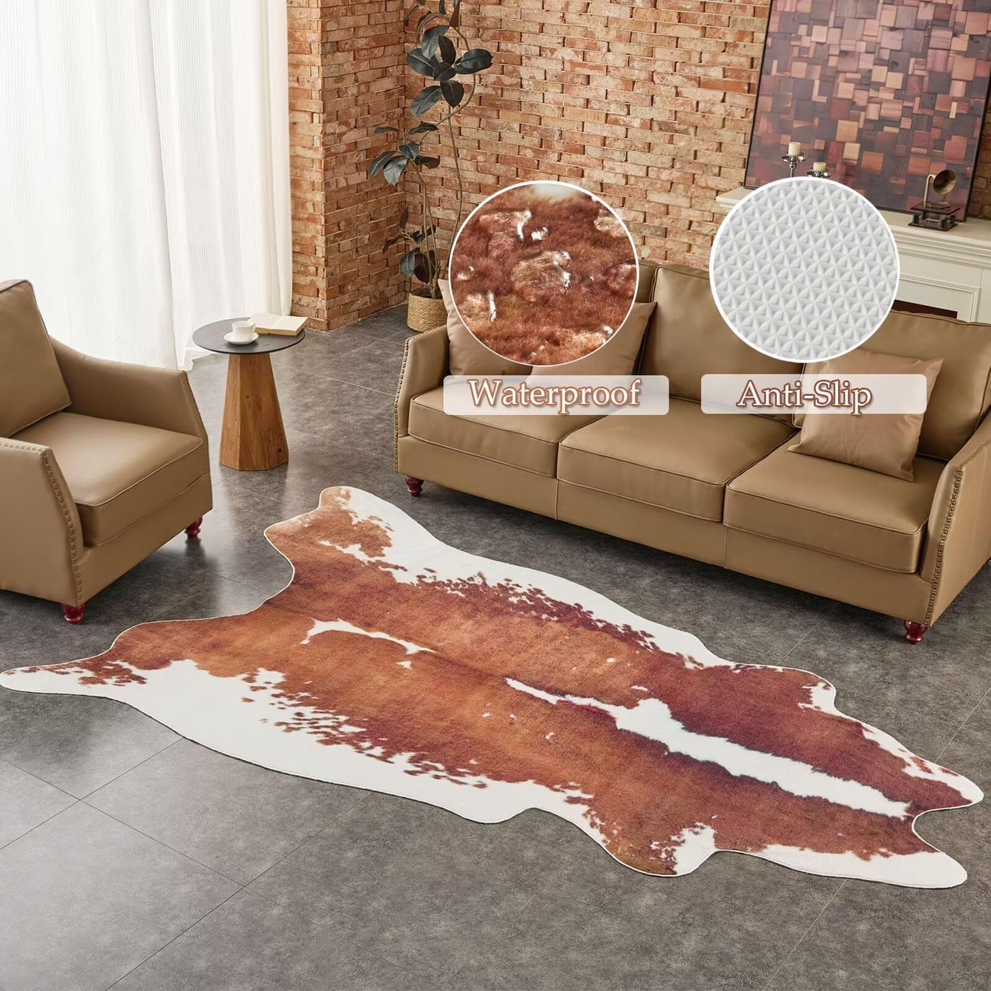 Brown Cowhide Rug,Large Carpet Non-Slip Luxury Faux Fur Cowhide Print Area Rug,Modern Style Animal Cow Print Skin Rugs Carpet for Living Room Bedroom -5.5 * 8FT(65 * 95inch)
