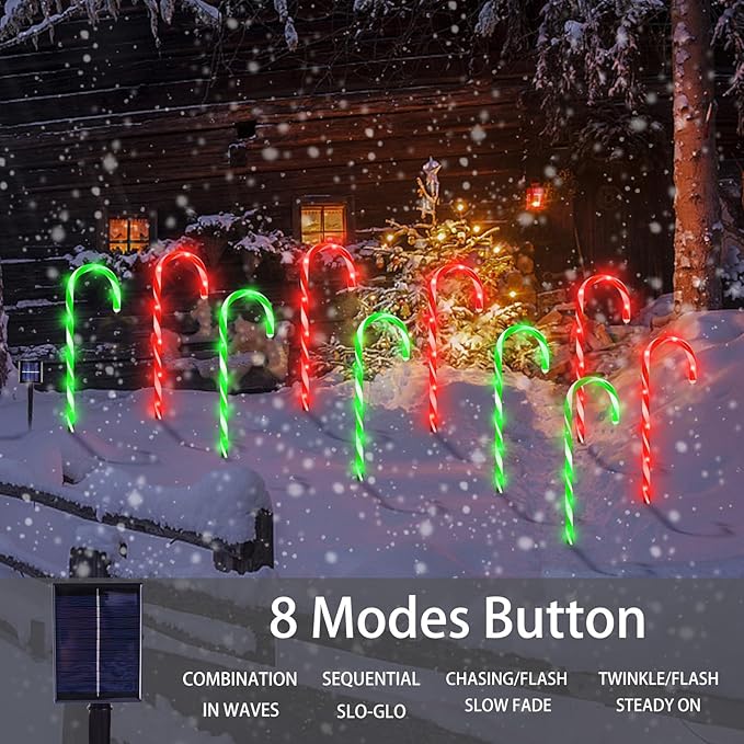 Christmas Decorations, 10 Pcs Christmas Candy Cane Lights, 21'' Solar Pathway Lights with 8 Lighting Modes, Waterproof Garden Lights for Outdoor Christmas Patio Yard Walkway Decorations(2 colors)