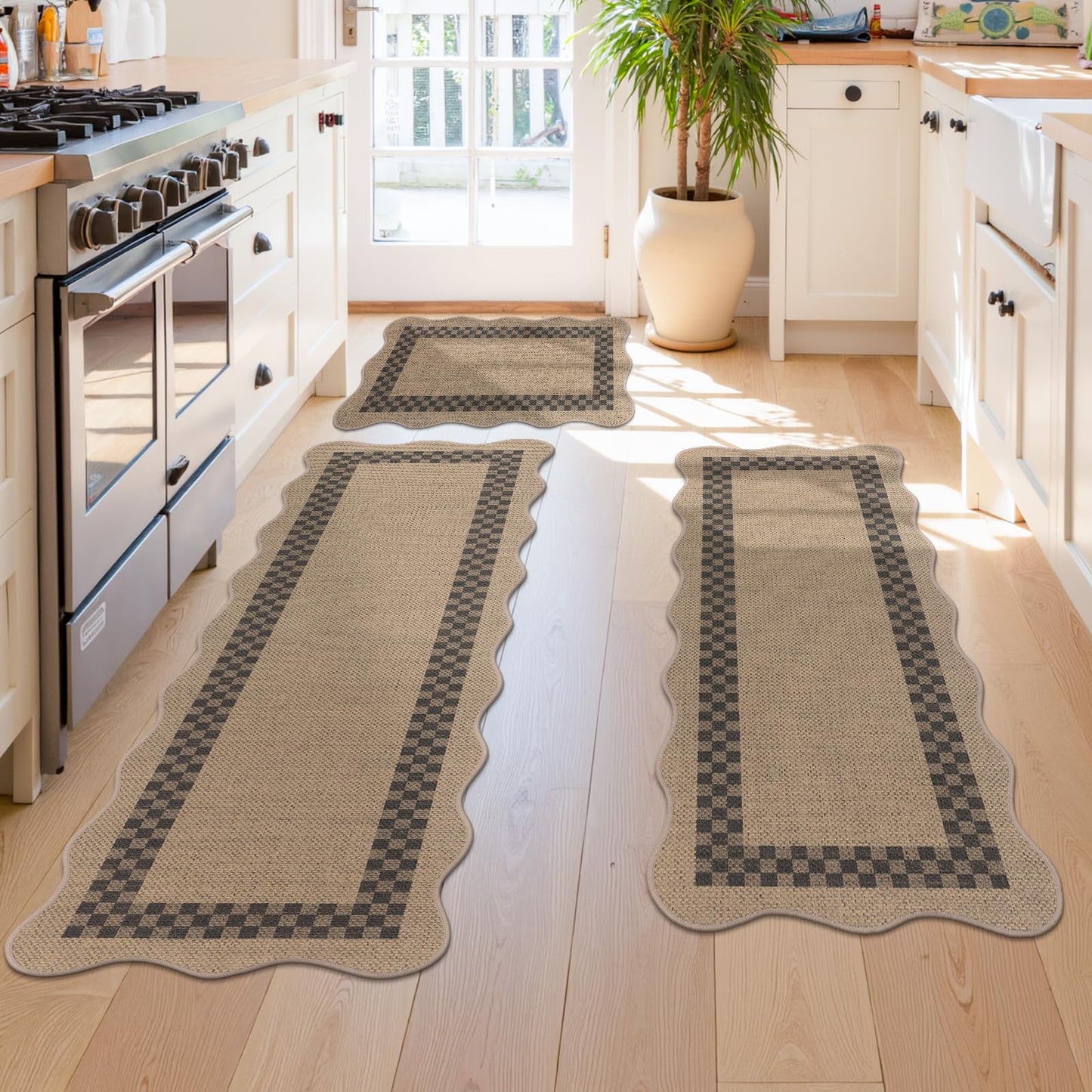 U'Artlines Non-Slip Scalloped Kitchen Rugs Set 3 PCS, 20"x32"+ 20"x48"+20"x59" Washable Low Profile Easy Jute Kitchen Floor Mats Runner Set for Sink Hallway Entryway Laundry Decor(Checked)