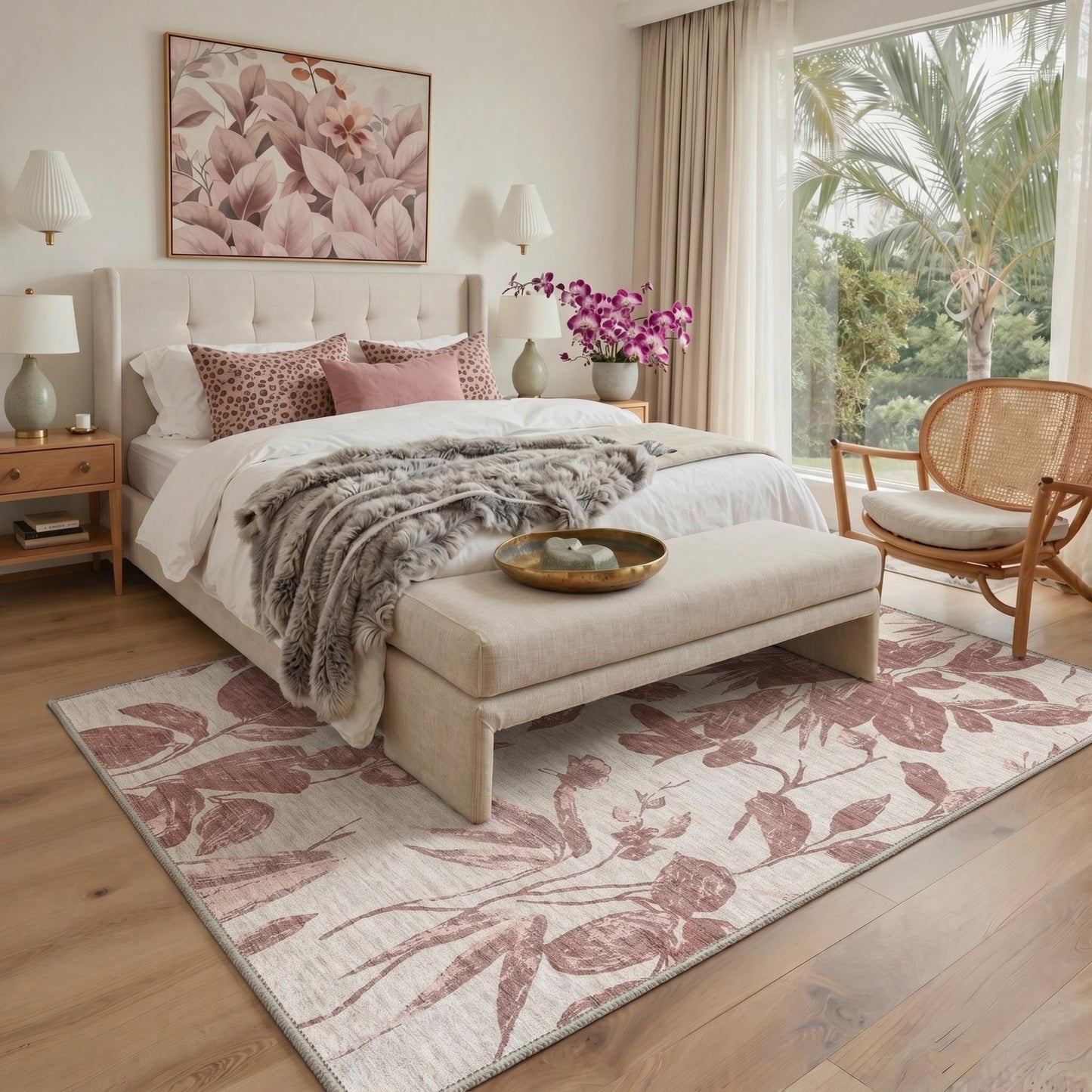 GENIMO 2X5 Hallway Runner, Machine Washable Non Slip Low Pile Soft Rugs, Modern Botanical Botanical Leaves Carpet for Entryway, Kitchen, Dusty Rose