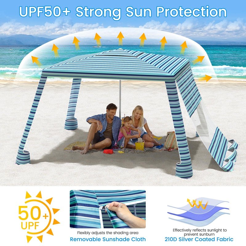 MoKo Beach Cabana, 8'×8' Large Beach Canopy with Side Wall, UPF 50+ Protection Easy Setup Beach Tent Sun Shelter, Adjustable Height Wind Resistant Cabana Beach Tent for Whole Family, Blue-Green Stripe