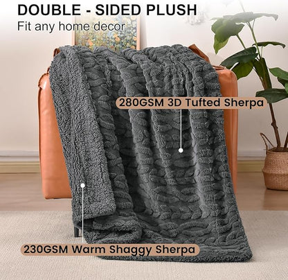PHF Fluffy Sherpa Throw Blanket for Winter, Warm and Soft, 510GSM 3D Jacquard Thick Shaggy Fleece Plush Blanket for Couch, Dark Grey, 50"x60"