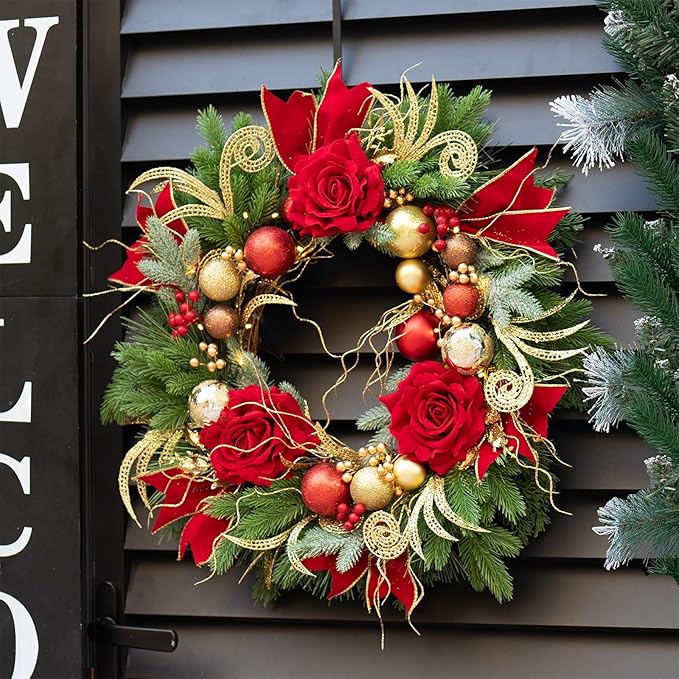 Christmas Wreaths for Front Door–24Inch Outdoor Christmas Door Wreath with Lights,Classic Xmas Wreath with Pinecone,White Berries and Silver Ornaments Design, Holiday Outdoor Wreaths Decor