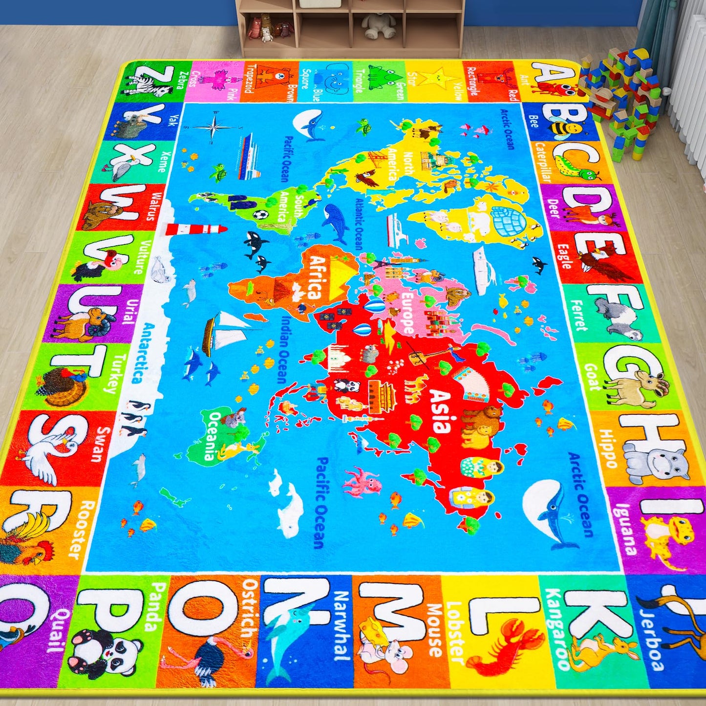 World Map ABC Kid Rug for Playroom Geography 59"×39.4" Classroom Play Carpet Educational Baby Playmat Alphabet Mat for Primary School Fluffy Ployester Non-Slip Preschool Rug for Nursery Room