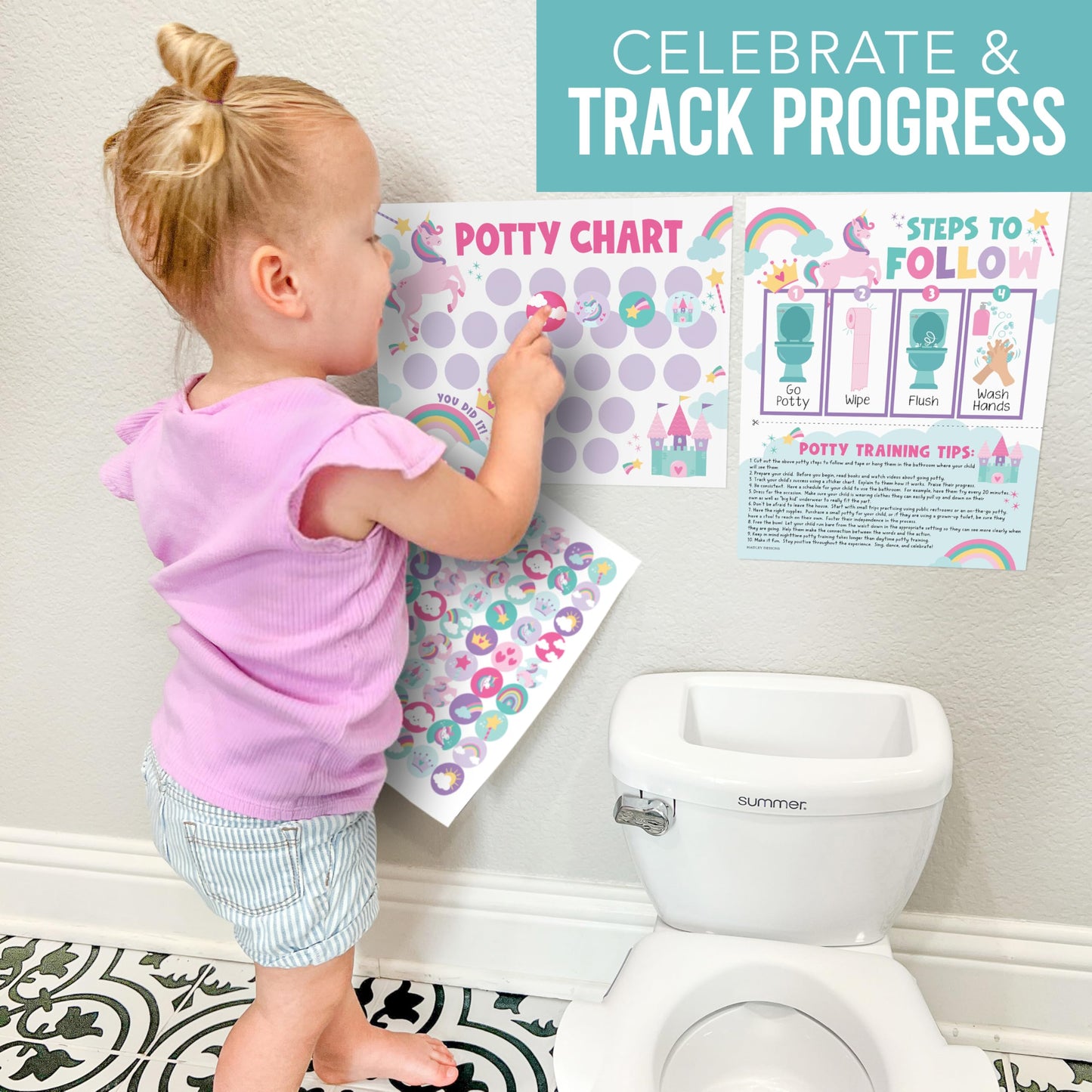 Hadley Designs Potty Training Chart for Toddlers Girls -10 Sticker Potty Chart for Toddlers Girls, 8.5x11" Potty Training Sticker Charts for Toilet Success, Unicorn Toddler Reward Chart for Kids